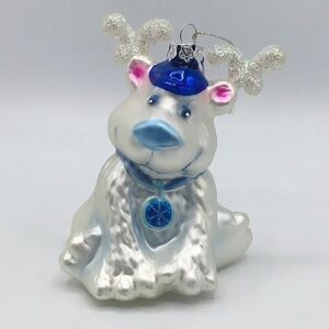 WHIMSICAL Bear Reindeer Antlers 5” Blown Glass Christmas Ornament Silver Blue